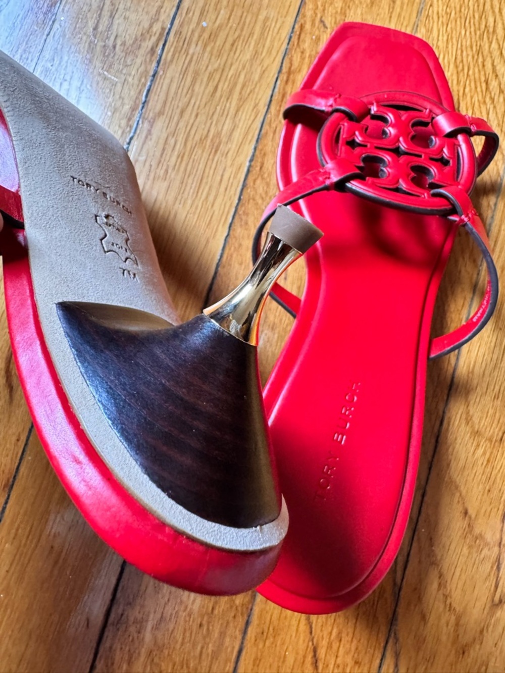 Tory Burch Red Leather Logo Slide Heels - Picture 5 of 6